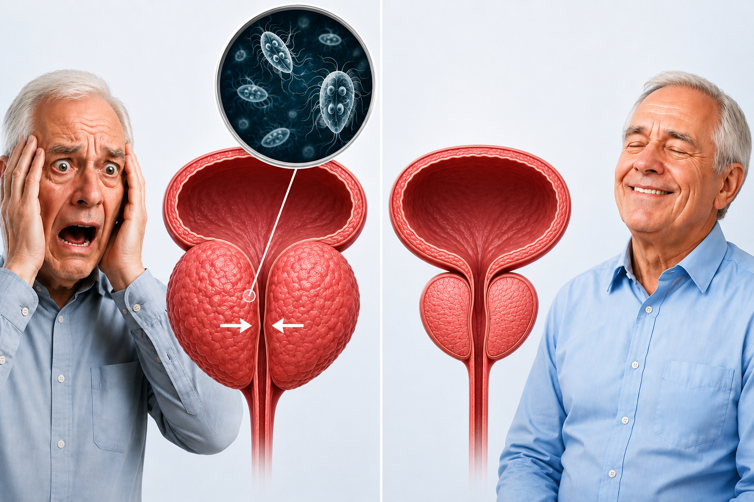 Before and after: enlarged prostate with parasites vs. healthy prostate — illustration
